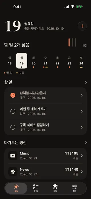 “오늘” 화면. 큰 날짜, 세 개 중 한 개 완료를 보여 주는 집계 표시, 주간 날짜 막대, 그날의 할 일과 다가오는 갱신.