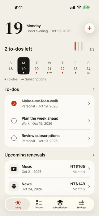 Today screen with the date set large, tally marks showing one of three to-dos done, a week strip, the day’s to-dos and upcoming renewals.