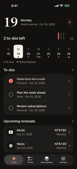 Today screen with the date set large, tally marks showing one of three to-dos done, a week strip, the day’s to-dos and upcoming renewals.