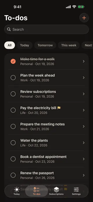 To-dos screen with a search field, status filters and a task list.