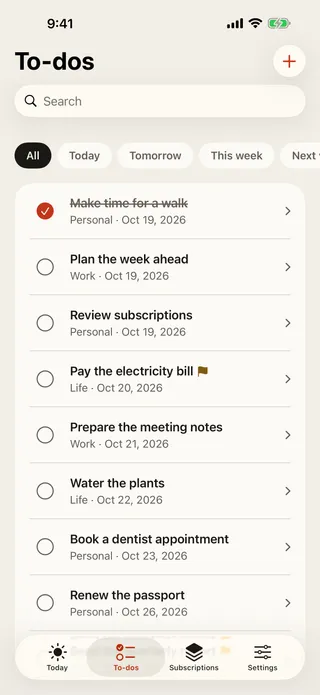 To-dos screen with a search field, status filters and a task list.