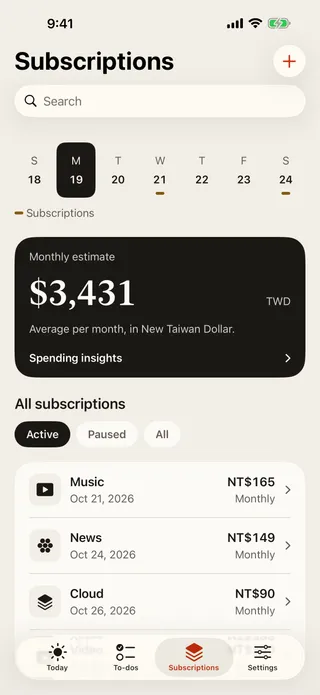 Subscriptions screen with a monthly estimate and a list of active subscriptions.