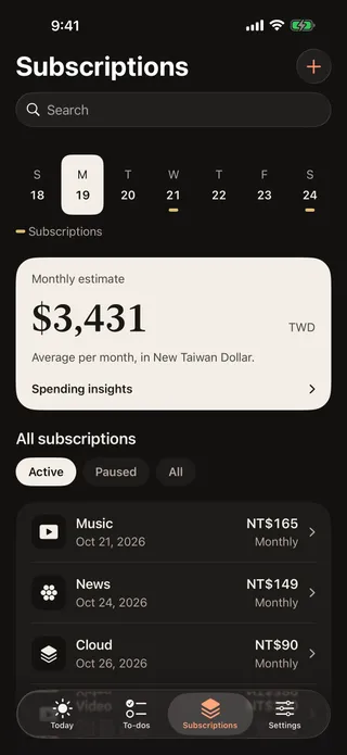 Subscriptions screen with a monthly estimate and a list of active subscriptions.