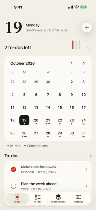 Today screen with the month calendar, task dots and renewal bars.