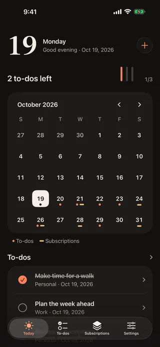 Today screen with the month calendar, task dots and renewal bars.